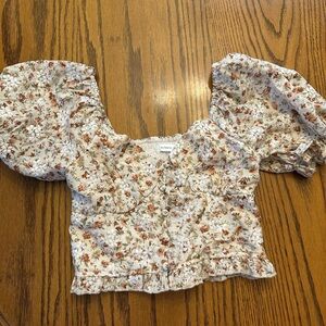 Altar'd State Cream Floral Puff-Sleeve Top with Rust and Green Accents